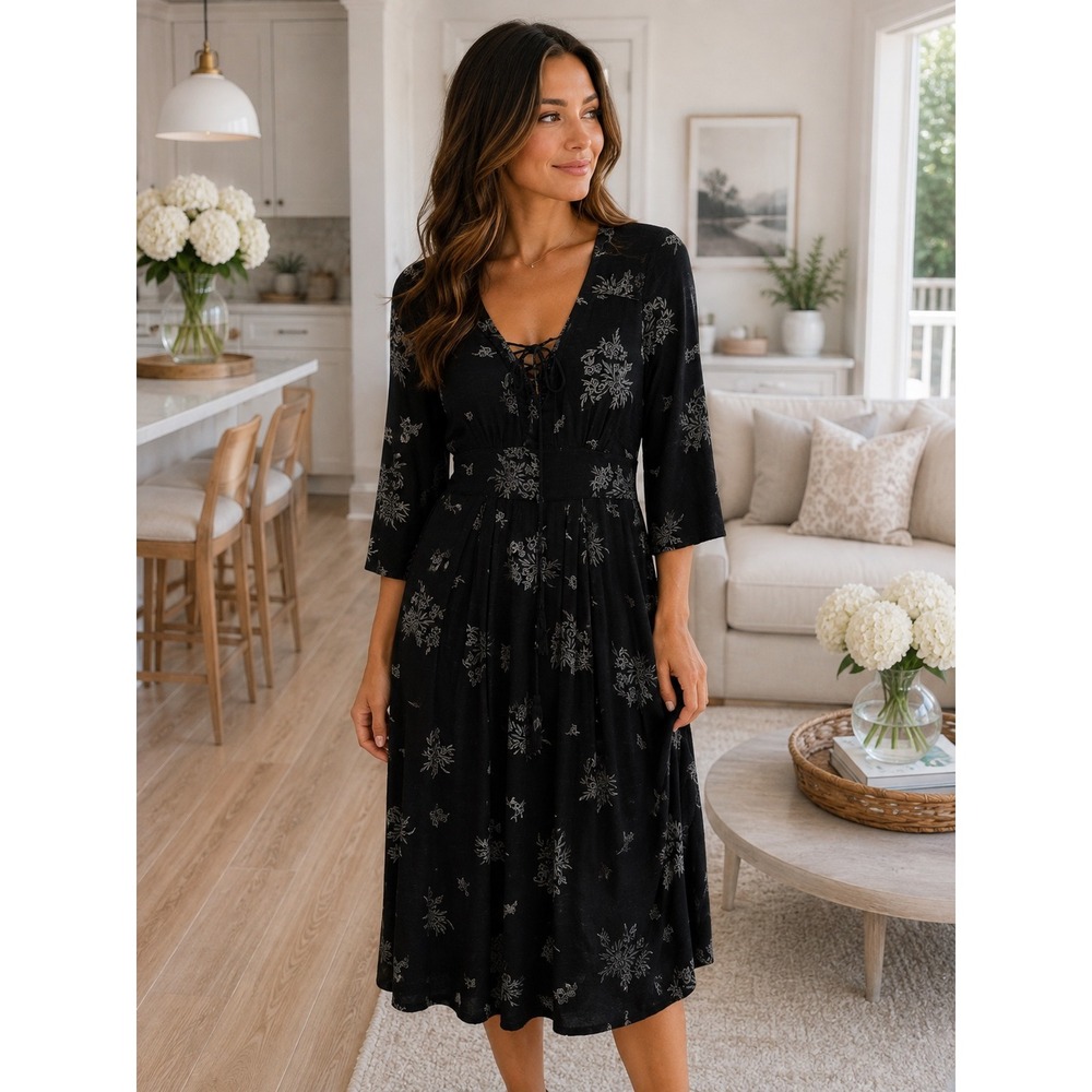 Everly Black Floral Lace Up V-Neck Midi Dress 3/4 Bell Sleeve Boho Small